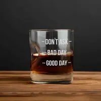 Стакан с пулей "Don`t ask. Bad day. Good day" для виски, английский, Деревянная подарочная коробка с гравировкой