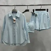 Костюм жіночий літній трійка сорочка з майкою та шорти Fashion 6931 20580 блакитний