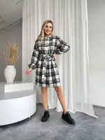 Теплое платье в клетку AO215 Серое Oversize XL-3XL