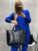 Натуральна шкіра. Чорна — зерниста шкіра - вмістка, велика та практична жіноча сумка формату А4 (0232-4)