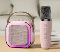 Портативная колонка с караоке микрофоном и RGB подсветкой, розовый