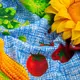Ткань полотенечная вафельная Овощи на синем