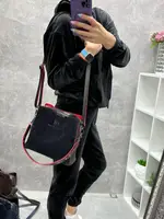 Чорна з червоним у середині — натуральний замш - три відділення — сумка Lady Bags з двома знімними ременями (0267-1)