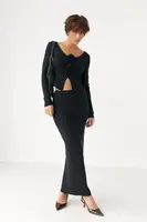 Приталенный костюм в рубчик из кофты и юбки - черный цвет, ONE SIZE (имеются размеры)