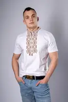 Сучасна чоловіча вишита футболка "Гетьман" біла з коричневим
