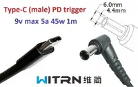 Переходник на 9v (max 5a, 45w) 6.0x4.4 or 6.5x4.0mm (+pin) 1m з USB Type-C (male) Power Delivery PD (WITRN) тригер (A class) 1 день гар.