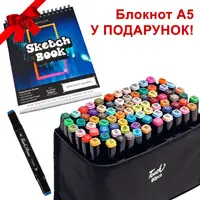 Большой набор скетч маркеров 80 цветов Touch Raven в черном чехле и Блокнот А5 для рисования в подарок!