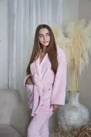 Теплий Жіночий Костюм Махровий (Халат + Юрюки) - 9016 Пудра