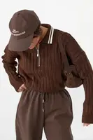 Вязаная кофта-поло в широкий рубчик – коричневый цвет, ONE SIZE (есть размеры)