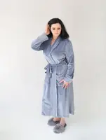 Женский Длинный Велюровый Халат c Кантом Батал - 704 Серый (2XL-4XL) 4XL