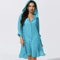 67-Т. Пляжна туніка-сорочка з капюшоном. Блакитна. М-2XL.