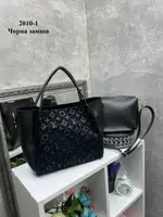 АКЦИЯ. Черный – натур. замш с оттиском - комплект 2в1 сумка + клатч – на молнии, со съемным ремнем (2010-1)