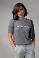 Ажурная футболка с надписью Miu Miu - серый цвет, S