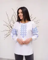 Женская вышитая блуза Наталка серый лен синяя вышивка 56