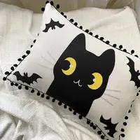 Подушка із мішковини з помпонами Котик і кажани 45x32 см (43PHBP_24S004)