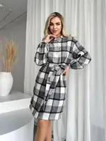 Теплое платье в клетку AO215 Серое Oversize XL-3XL