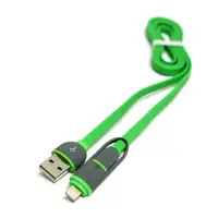 Кабель PowerPlant Quick Charge 2A 2-в-1 flat USB 2.0 AM – Lightning/Micro 1мgreen