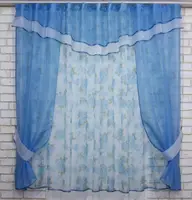 Кухонный комплект (280х170см.) шторки с тюлью и ламбрекеном. Цвет голубой с белым. Код 081к 50-445