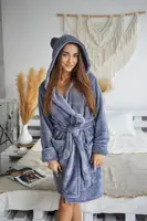 Тёплый Женский Махровый Халат Капюшон c Ушками на Запах - 1028 Серый L