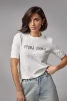 Ажурная футболка с надписью Miu Miu - молочный цвет, S