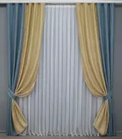 Комбіновані (2шт. 1,4х2,7м.) штори з тканини льон. Колір синій з золотистим. Код 014дк (1338-1346ш) 10-958