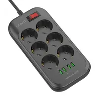 Мережевий фільтр подовжувач 6 розеток з 4 USB 2 м із захистом і заземленням LDNIO SE 6403 2500 W 10A Чорний