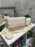 Крем - стеганый комплект с цепочкой: сумочка + съемный кошелек 1538