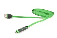 Кабель PowerPlant Quick Charge 2A 2-в-1 flat USB 2.0 AM - Lightning/Micro 2м green