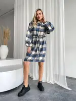 Теплое платье в клетку AO215 Синее Oversize XL-3XL