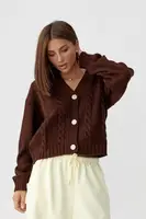 Короткий в'язаний кардиган з косичками - коричневий цвет, ONE SIZE