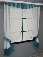 Кухонний комплект, (280х170см.) шторки з ламбрекеном і підхватами. Колір молочний з синім. Код 085к 52-0917