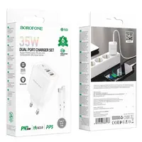 Адаптер мережевий BOROFONE Type-C to Lightning cable Reacher dual port charger set BN9 |2Type-C, 35W/3A, PD/QC|