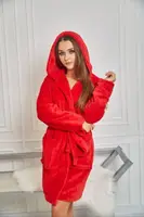 Тёплый Женский Махровый Халат с Капюшоном на Запах - Красный 1026 XL