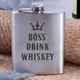 Фляга стальная "Boss drink whiskey", английский, Деревянная подарочная коробка с гравировкой