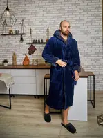 Теплий чоловічий Махровий Халат з Капюшоном на Запах — Темно-синій 4002 2XL