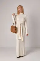 Сукня максі в рубчик з широким поясом - молочний цвет, ONE SIZE