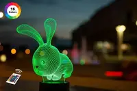 3D ночник "Кролик" (УВЕЛИЧЕННОЕ ИЗОБРАЖЕНИЕ) + пульт ДУ + сетевой адаптер + батарейки (3ААА)  3DTOYSLAMP