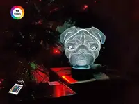 3D ночник "Мопс" УВЕЛИЧЕННОЕ ИЗОБРАЖЕНИЕ + пульт ДУ + сетевой адаптер + батарейки 3ААА  3DTOYSLAMP