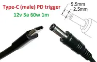 Переходник на 12v (max 5a, 60w) 5.5x2.5mm 1m з USB Type-C (male) Power Delivery PD тригер (A class) 1 день гар.