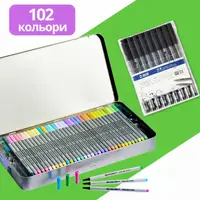 Большой набор разноцветных линеров в металлическом кейсе Fineliner 102 шт 0.4 мм и Набор черных линеров 9 шт