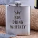 Фляга стальная "Bos drink whiskey", английский, Деревянная подарочная коробка с гравировкой, 210 мл