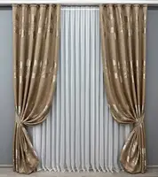 Комплект штор (2шт. 2х2,75м.) Льон рогожка "Листя". Колір карамельний. Код 1686ш 32-