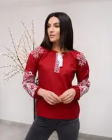 Вышитая блуза Ольга вишнёвый лен с белой вышивкой 3XL