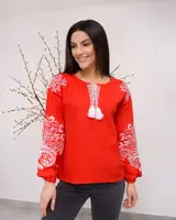 Вышитая блуза Ольга красный лен с белой вышивкой 3XL