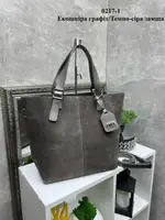 Темно-сіра — натуральний замш — з логотипом — стильна велика сумка дорогий турецький матеріал 0217-1
