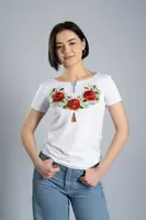 Повседневная вышитая футболка для девушки в белом цвете «Маковый цвет»
