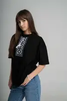 Чорна жіноча оверсайз футболка з геометричною вишивкою "Низинка" XXL-3XL