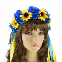 Украинский веночек с лентами на ободке Ярина 2832 (желто-голубой)