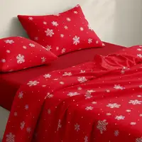 Евро постельное белье фланель с простыней на резинке SNOWFLAKES CRANBERRY CS7