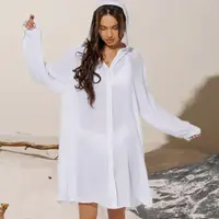 66-Т. Пляжна туніка-сорочка з капюшоном. Біла. М-2XL.